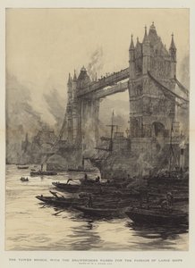 Tower Bridge, med klaffbroarna upphöjda för passage av stora fartyg